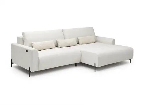 Ecksofa - 2-Sitzer mit Longchair rechts, Sitztiefe verstellbar motorisch, Stoff, Creme