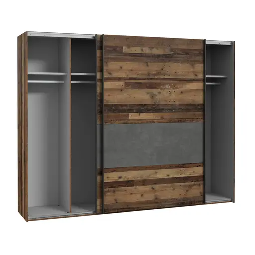 Schwebetürenschrank FEA - mit Passpartout, mit Beleuchtung, B. ca. 270 cm, Old Wood Vintage Dekor, Betonoptik Dunkelgrau