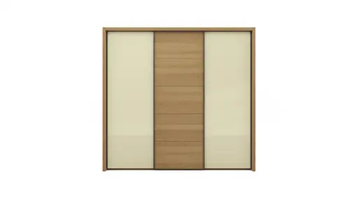 Schwebetürenschrank Lenoso -  B. ca. 260 cm, Eiche massiv, Glas, Champagner