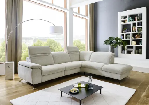 Ecksofa - 3-Sitzer mit Ecke rechts, Kopfteil verstellbar, Stoff, Natur