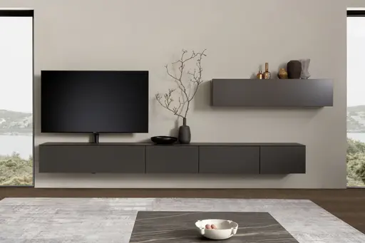 Wohnwand 3900 - inklusive Kamin und TV-Halterung, Lack, Schiefergrau