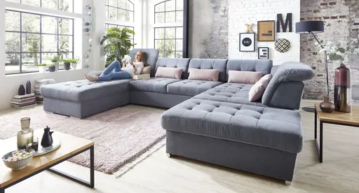 Wohnlandschaft - Longchair links, 3-Sitzer, Ecke rechts inkl. Kopfteilverstellung, Armteilverstellung in Flachgewebe blaugrau