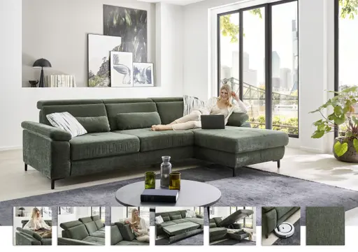 Ecksofa - 3-Sitzer mit Longchair rechts, Stoff, Moos
