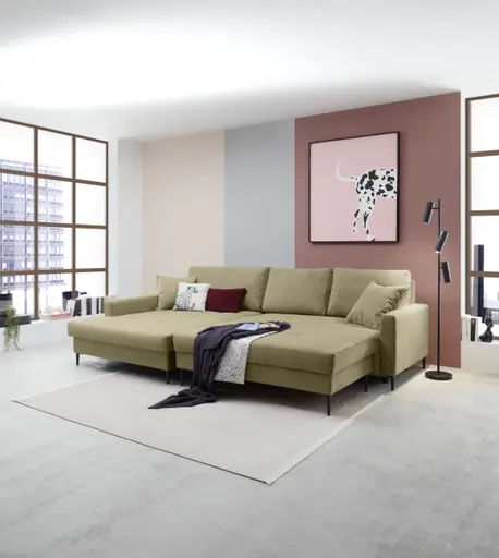 Ecksofa - Longchair links mit 3-Sitzer, Schlaffunktion mit Bettkasten, Stoff, Olive