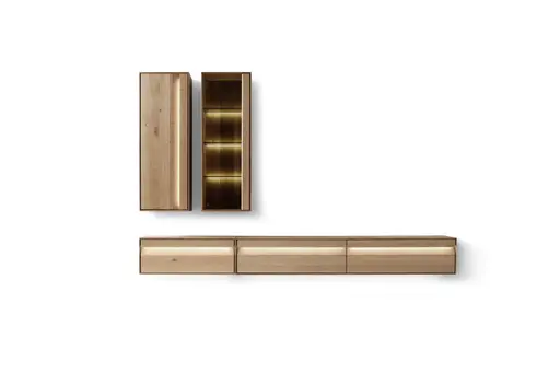 Wohnwand Due Viso - inklusive Beleuchtung, Wildeiche Roheffekt, Geölt, Glastüre