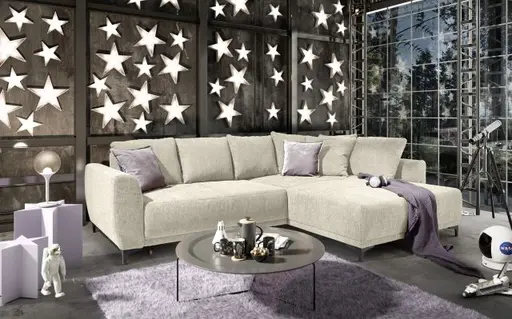 Ecksofa JACEK - 3-Sitzer, Ecke rechts inkl. Schlaffunktion mit Bettkasten, Stoff, Creme