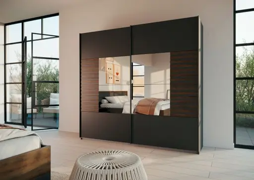 Schwebetürenschrank- B ca. 226 cm, Grau Metallic, Eiche Dunkel, Spiegel