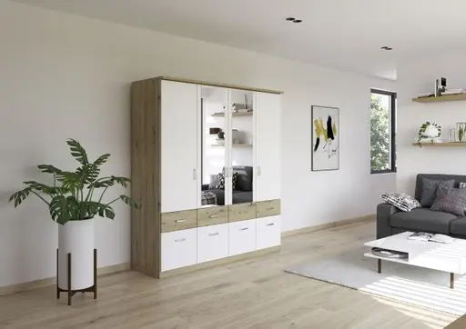 Drehtürenschrank ROYAN- B ca. 181 cm, Eiche Dekor, Weiß, Spiegel