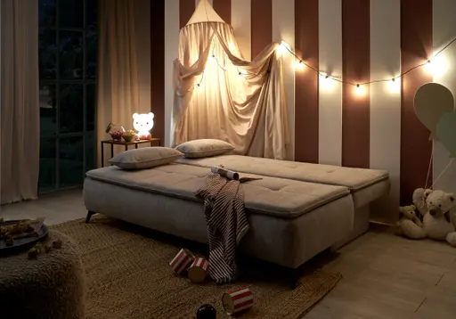 Sofa JANIN - 2-Sitzer, Schlaffunktion mit Bettkasten, Stoff, Grau