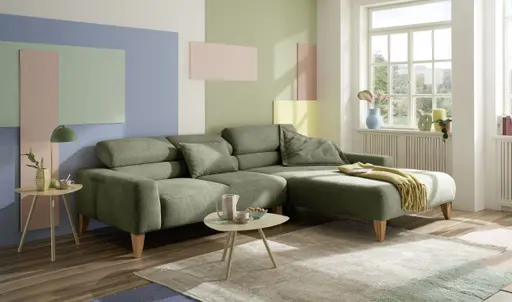 Ecksofa CHENOA - 2-Sitzer mit Longchair rechts, Kopfteil verstellbar, Stoff, Dunkelgrün