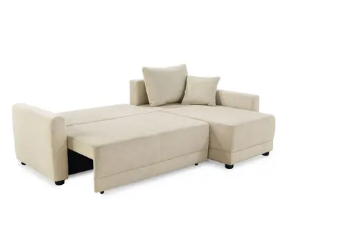 Ecksofa - 2-Sitzer mit Longchair rechts, Schaffunktion mit Bettkasten, Stoff, Beige