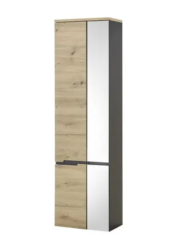 Hochschrank- B ca. 50 cm, Dunkelgrau, Eiche Dekor, Spiegel