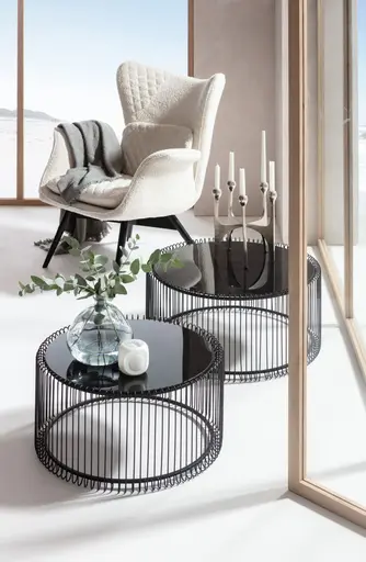 Couchtisch-Set- Stahl, Schwarz, Glas, Schwarz