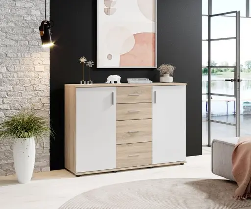 Kommode - B ca. 120 cm, Sonoma Eiche Nachbildung, Weiß