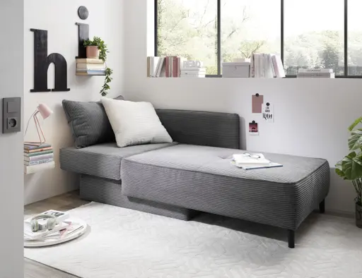Recamiere JADYN - inkl. Schlaffunktion mit Bettkasten, Stoff, Grau