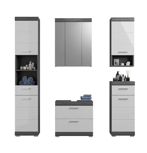 Hochschrank - B ca. 37 cm, Rauchsilber, Weiß Hochglanz