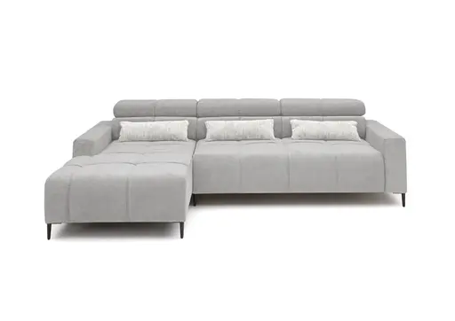 Ecksofa - Longchair links mit 2-Sizer, Sitztiefe verstellbar motorisch/Kopfteil verstellbar, Stoff, Silbergrau