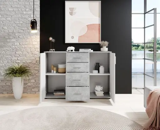 Kommode - B ca. 120 cm, Betonoptik, Weiß