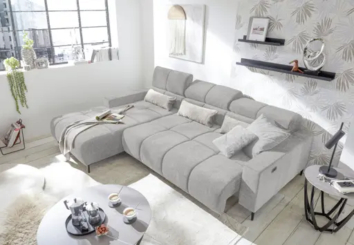 Ecksofa - Longchair links mit 2-Sizer, Sitztiefe verstellbar motorisch/Kopfteil verstellbar, Stoff, Silbergrau