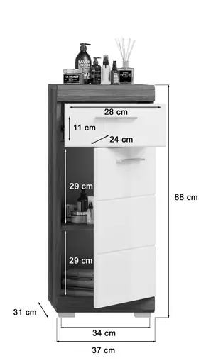 Standschrank - B ca. 37 cm, Rauchsilber, Weiß Hochglanz