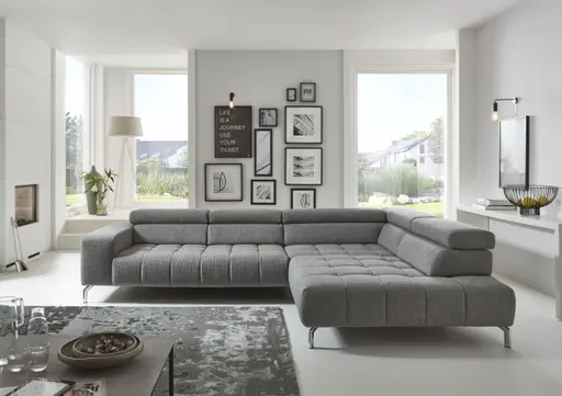 Ecksofa - 2,5-Sitzer mit Ecke rechts, Kopfteil verstellbar, Stoff, Grau