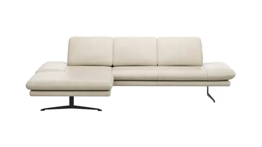 Ecksofa Hubertus - Longchair links mit 2-Sitzer, Armlehne verstellbar, Leder, Creme