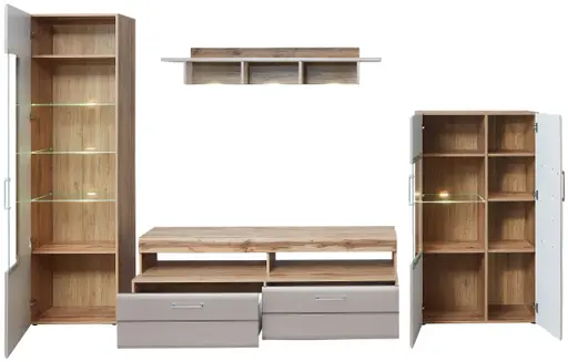 Wohnwand - mit Beleuchtung, Eiche Altholz Nachbildung, Kaschmir