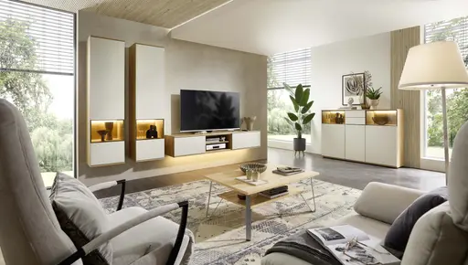 Highboard mit Beleuchtung - Risseiche, Sandbeige