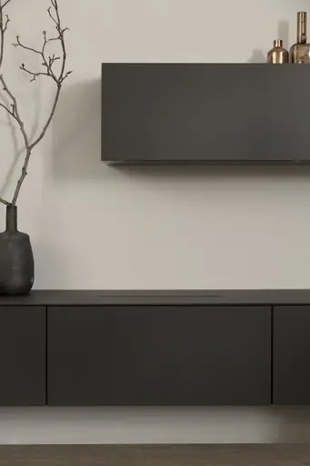 Wohnwand 3900 - inklusive Kamin und TV-Halterung, Lack, Schiefergrau