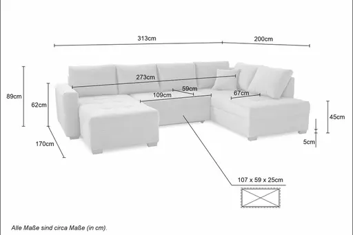 Wohnlandschaft JOSY - Longchair links mit 1,5-Sitzer und Ecke rechts inkl. Schlaffunktion mit Bettkasten, Stoff, Taupe