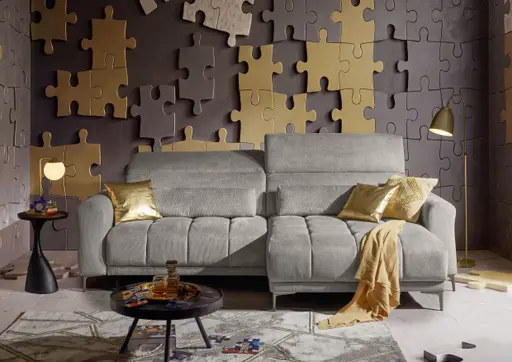 Ecksofa MINAO - 1,5-Sitzer mit Longchair rechts, Sitztiefe verstellbar motorisch, Kopfteil verstellbar, Stoff, Truffle
