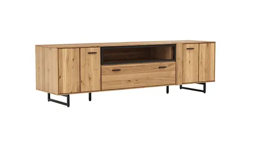 Lowboard Blackpool - Eiche massiv mit Metallrahmen schwarz und Holzbalken