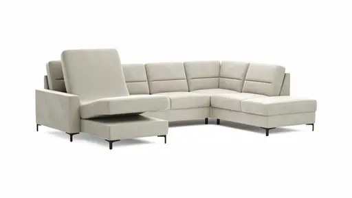 Wohnlandschaft Merlos H - Longchair links und 2,5-Sitzer mit Ecke rechts inkl. Relaxfunktion (motorisch), Stoff, Natur