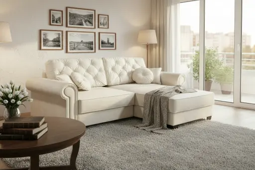 Ecksofa  - Sofa 2-Sitzer mit Longchair rechts, Schlaffunktion mit Bettkasten, Stoff, Creme