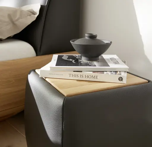 Nachtisch Foresta - Ablage Asteiche massiv, Bianco, Leder, Anthrazit