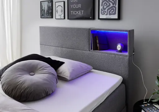 Boxspringbett - Liegefläche ca. 140x200 cm, inkl. Beleuchtung, Ablage und USB-Anschluss, Stoff, Hellgrau