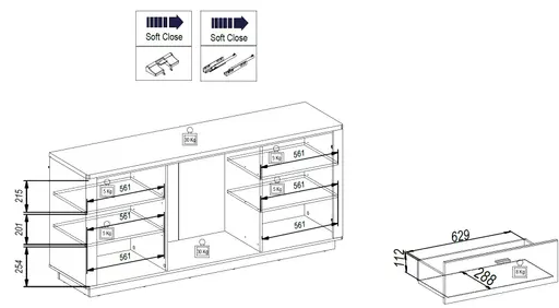 Sideboard - mit Beleuchtung, B ca. 186 cm, Eiche Nachbildung, Eiche dunkel Nachbildung