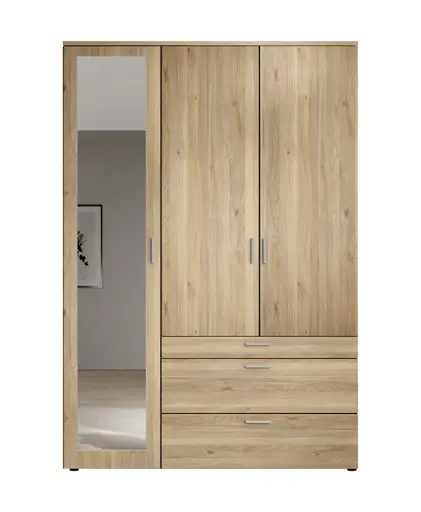 Drehtürenschrank- B 135 cm, Eiche Dekor, Spiegel