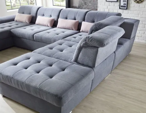 Wohnlandschaft - Longchair links, 3-Sitzer, Ecke rechts inkl. Kopfteilverstellung, Armteilverstellung in Flachgewebe blaugrau