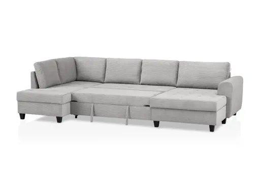 Wohnlandschaft - Longchair links, 2-Sitzer, Ecke rechts inkl. Schlaffunktion mit Bettkasten, Stoff, Hellgrau