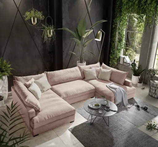 Wohnlandschaft - Longchair links, 2-Sitzer, Ecke rechts, Stoff, Rosa