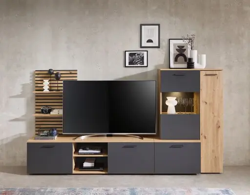 Wohnwand- Eiche  Dekor, Anthrazit