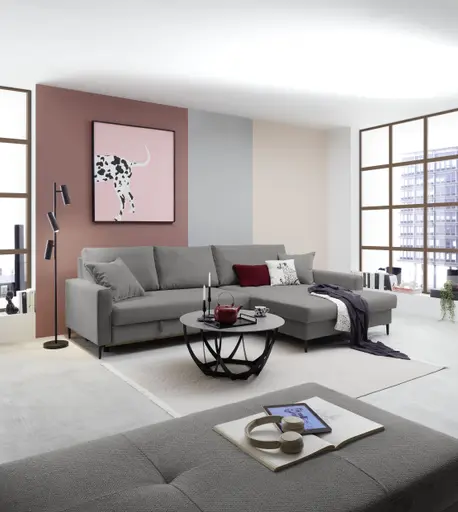 Ecksofa - 3-Sitzer mit Longchair rechts, Schlaffunktion mit Bettkasten, Stoff, Grau