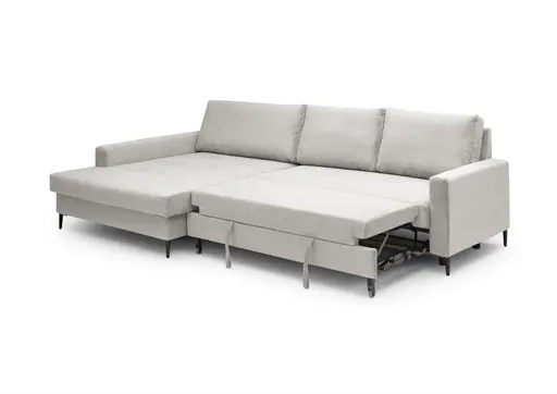 Ecksofa - Longchair links mit 3-Sitzer, Schlaffunktion mit Bettkasten, Stoff, Creme