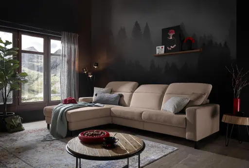 Ecksofa - CALM FLEX 2.0, Longchair links mit 3-Sitzer, Kopfteil verstellbar, Stoff, Rosa