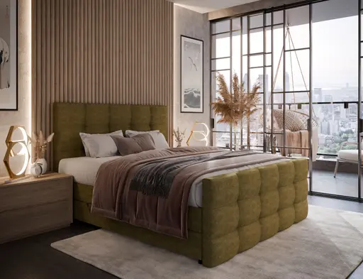 Boxspringbett SANDRIN I- Liegefläche ca. 200x200 cm, Stoff, Grün,  inkl. Stauraum und Fußteil