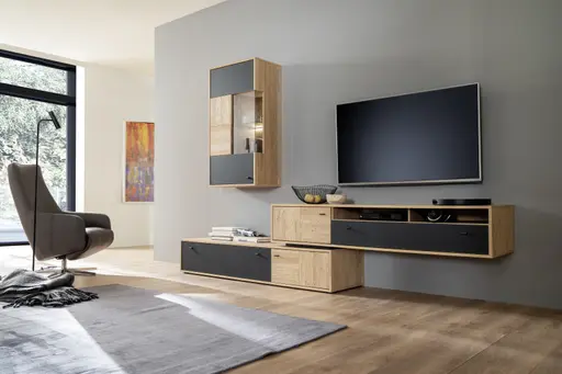 Wohnwand - mit Beleuchtung,  Balkeneiche massiv, Absetzung Glas Anthrazit