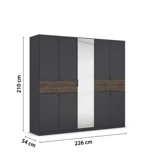 Drehtürenschrank- B ca. 226 cm, Dunkelgrau, Eiche Dunkel, Spiegel