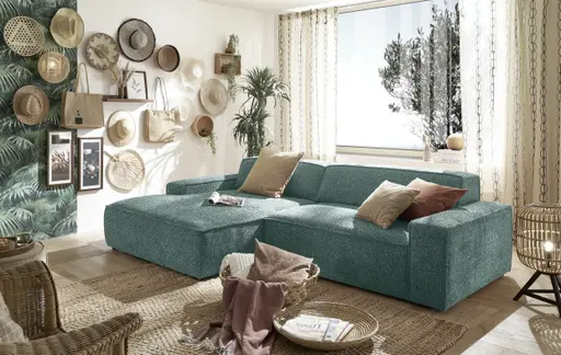 Ecksofa - Longchair links mit 2-Sitzer, Sitzvorzug motorisch, Stoff, Petrol