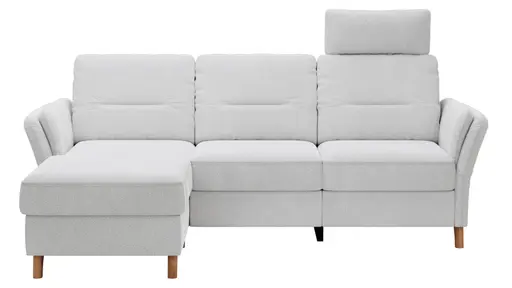 Ecksofa Vayra - Longchair links mit 2,5-Sitzer rechts, inkl. Relaxfunktion (motorisch) und Kopfstütze verstellbar (manuell), Stoff, Offwhite